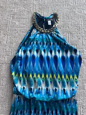 Covington Blue Teal Ikat Halter Tank with Gold Chain